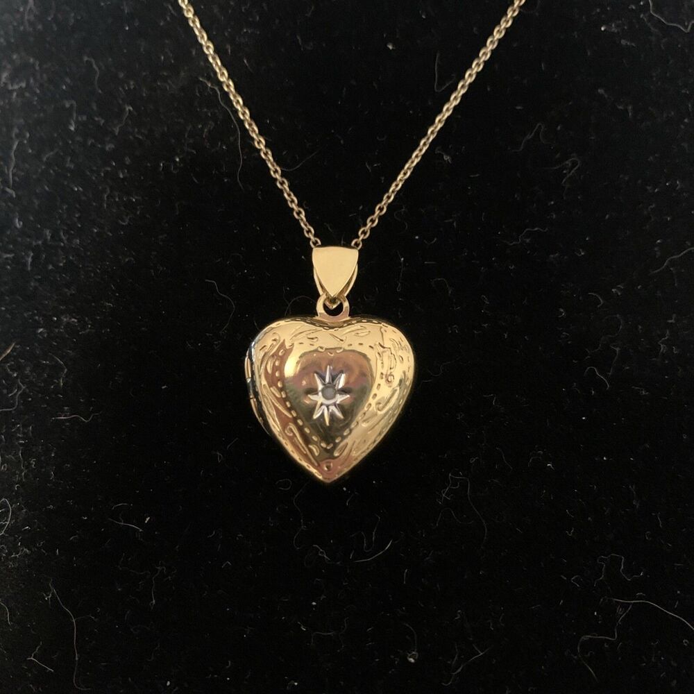 RSE Sterling Silver Gold Vermeil Diamond Heart Photo Locket Necklace 18.5”